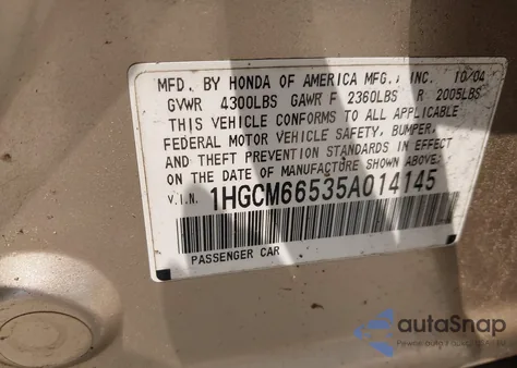 2005 Honda Accord 3.0 Ex from USA, damaged, VIN 1HGCM66535A014145